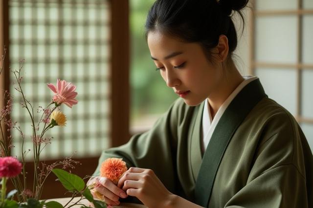 伝統的な生け花を作る女性、静かで集中した瞬間